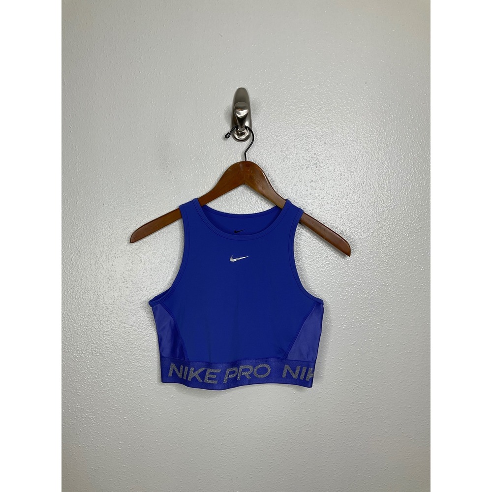 Nike Pro Dri-FIT Womens XS Blue High Neck Crop Tank Top Glitter Logo Band